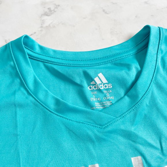 adidas Climalite Short Sleeve Athletic Blue Logo Tee Shirt Girls Large (12/14) - Picture 3 of 5